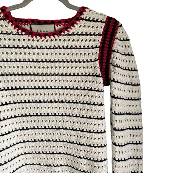 Vintage Gucci Woven Pullover Ivory Sweater with Red/Navy Trim - Picture 4 of 6